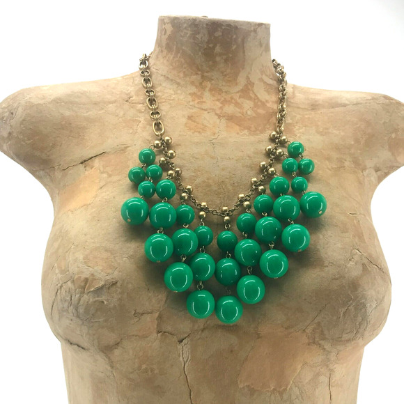 Stella & Dot Beaded Bib Statement Necklace Green Gold Princess Length Chain Link - Picture 6 of 12